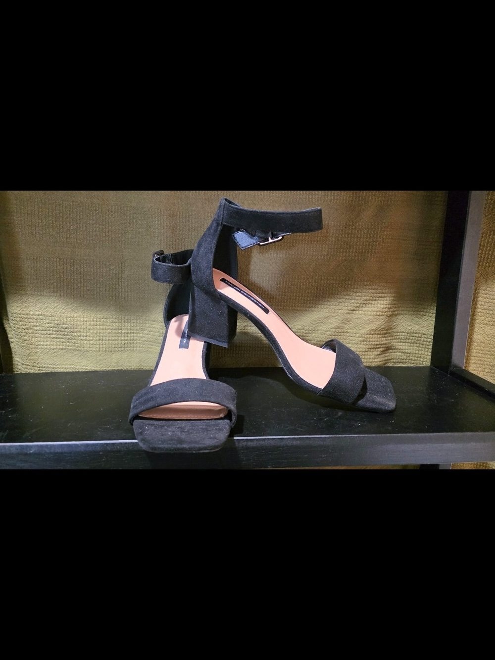 French Connection Black Suede Ankle-Strap Block Heel Sandals